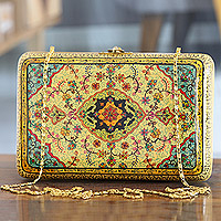 Papier mache clutch bag, 'Beauty of Persia' - Papier Mache and Wood Clutch Bag with Hand-Painted Flowers