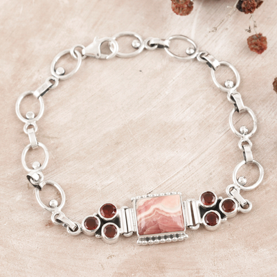 Rhodochrosite and garnet pendant bracelet, 'Romantic Style' - Rhodochrosite and Garnet Sterling Silver Pendant Bracelet