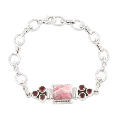 Rhodochrosite and garnet pendant bracelet, 'Romantic Style' - Rhodochrosite and Garnet Sterling Silver Pendant Bracelet