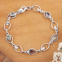 Multi-gemstone link bracelet, 'Charming colours' - Multi-gemstone Sterling Silver Link Bracelet from India