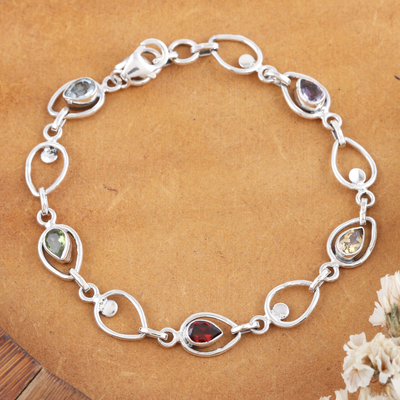 pulsera de eslabones con múltiples gemas - Pulsera de eslabones de plata esterlina con piedras preciosas múltiples de la India