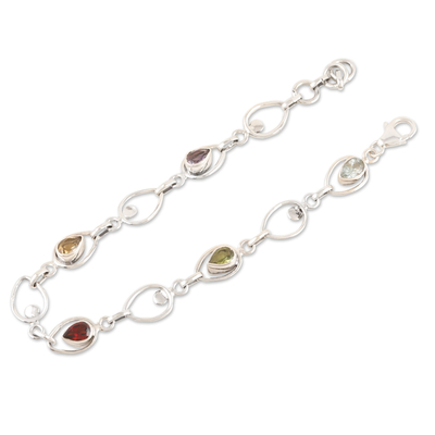 Multi-gemstone link bracelet, 'Charming Colors' - Multi-gemstone Sterling Silver Link Bracelet from India