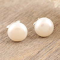 Cultured pearl stud earrings, 'Love Me Tender' - Cultured Pearl and Sterling Silver Stud Earrings from India