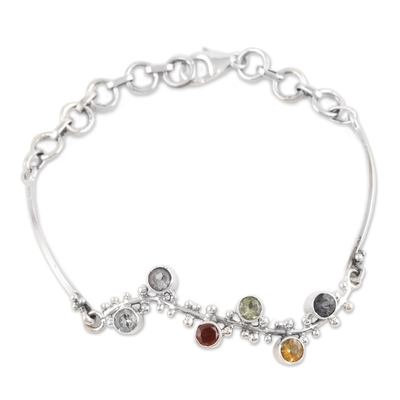 Multi-gemstone pendant bracelet, 'Precious Berries' - Multi-Gemstone Sterling Silver Pendant Bracelet from India
