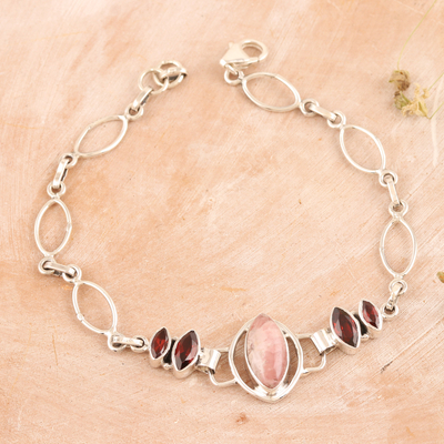 Rhodochrosite and garnet pendant bracelet, 'Romantic Fusion' - Sterling Silver Rhodochrosite and Garnet Pendant Bracelet