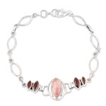 Rhodochrosite and garnet pendant bracelet, 'Romantic Fusion' - Sterling Silver Rhodochrosite and Garnet Pendant Bracelet