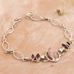 Rhodochrosite and garnet pendant bracelet, 'Romantic Fusion' - Sterling Silver Rhodochrosite and Garnet Pendant Bracelet