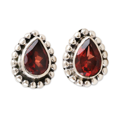 Sterling Silver Stud Earrings with Pear-Shaped Garnet Gems
