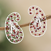 Garnet button earrings, 'Active Passion' - Sterling Silver Button Earrings with Natural Garnet Stones