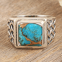 Men's sterling silver cocktail ring, 'Galant Glow' - Men's Sterling Silver Cocktail Ring with Composite Turquoise