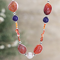 Carnelian and lapis lazuli long beaded necklace, 'Flaming Connection' - Carnelian Lapis Lazuli and 925 Silver Long Beaded Necklace
