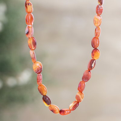 Carnelian and garnet long beaded necklace, 'Passionate Union' - Carnelian Garnet and Sterling Silver Long Beaded Necklace