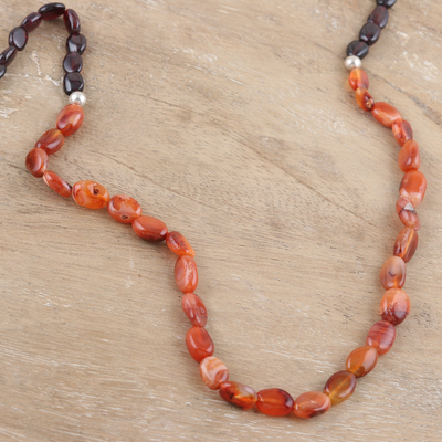 Carnelian and garnet long beaded necklace, 'Passionate Union' - Carnelian Garnet and Sterling Silver Long Beaded Necklace