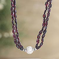Garnet long beaded pendant necklace, 'Scarlet Desire' - Garnet and Silver Long Beaded Double Strand Pendant Necklace