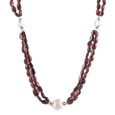 Garnet long beaded pendant necklace, 'Scarlet Desire' - Garnet and Silver Long Beaded Double Strand Pendant Necklace