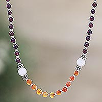 Multigemstone long beaded necklace, 'Magical Fusion' - Garnet Carnelian Moonstone and Silver Long Beaded Necklace