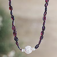 Garnet long beaded pendant necklace, 'Scarlet Glam' - Garnet and Sterling Silver Long Beaded Pendant Necklace