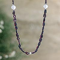 Garnet long beaded necklace, 'Scarlet Appeal' - Garnet and Sterling Silver Long Beaded Necklace from India