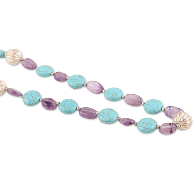 Calcite and amethyst long beaded necklace, 'Delicious Candies' - Calcite Amethyst and Sterling Silver Long Beaded Necklace