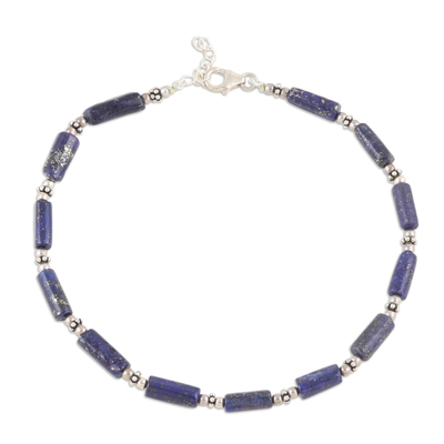 Lapis Lazuli and Sterling Silver Beaded Anklet from India