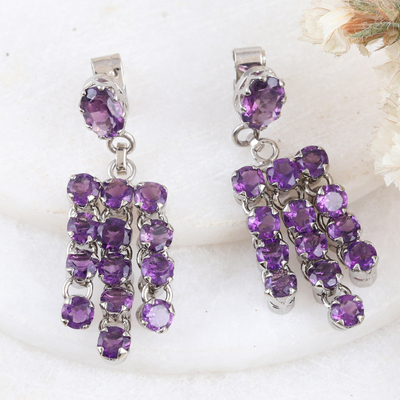 Rhodium-plated amethyst waterfall earrings, 'Purple Grandeur' - Rhodium-Plated Waterfall Earrings with Faceted Amethyst Gems