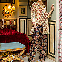 Cotton pajama set, 'Jaipur Illusions' - Patterned Beige and Black Cotton Pajama Set from India