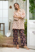 Cotton pajama set, 'Jaipur Illusions' - Patterned Beige and Black Cotton Pajama Set from India