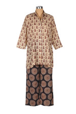 Cotton pajama set, 'Jaipur Illusions' - Patterned Beige and Black Cotton Pajama Set from India