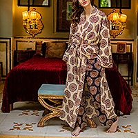 Cotton robe, 'Nature Mandala' - Cotton Robe with Printed Mandala Motifs and Dark Red Piping