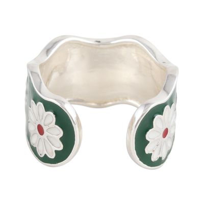 Sterling silver wrap ring, 'Green Blossoms' - Hand-Painted Sterling Silver Wrap Ring with Floral Motif