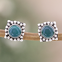Onyx stud earrings, 'Intellect Light' - Square Sterling Silver Stud Earrings with Green Onyx Gems