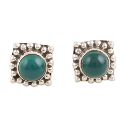 Square Sterling Silver Stud Earrings with Green Onyx Gems
