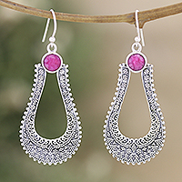 Ruby dangle earrings, 'Ties of Love' - Ruby Dangle Earrings Crafted from Sterling Silver in India