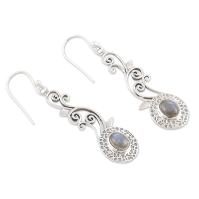 Labradorite dangle earrings, 'Vine Lights' - Sterling Silver Leafy Dangle Earrings with Labradorite Gems