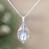 Blue topaz pendant necklace, 'Radiant Freedom' - Three-Carat Blue Topaz Feather Pendant Necklace from India
