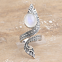 Rainbow moonstone wrap ring, 'Ethereal Perfection' - Rainbow Moonstone Wrap Ring with Sterling Silver Leaf Motifs