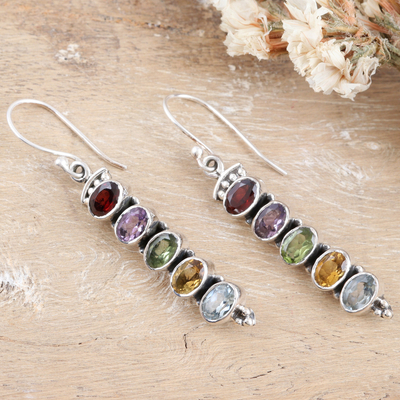 Multi-gemstone dangle earrings, 'Earth's Soul' - Sterling Silver Dangle Earrings with Five-Carat Gemstones