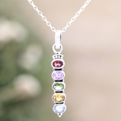 Multi-gemstone pendant necklace, 'Earth's Soul' - Sterling Silver Pendant Necklace with Five-Carat Gemstones