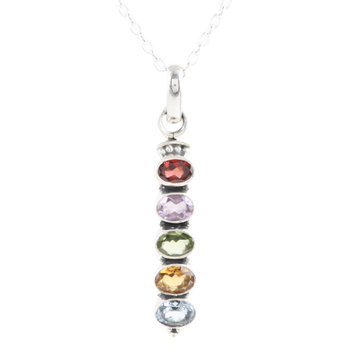 Collar con colgante de múltiples piedras preciosas - Collar Colgante de Plata de Ley con Piedras Preciosas de Cinco Quilates