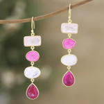 Gold-plated multi-gemstone dangle earrings, 'Pink Era' - Multi-Gemstone Dangle Earrings with 18k Gold Plating