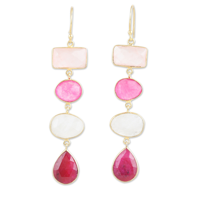 Gold-plated multi-gemstone dangle earrings, 'Pink Era' - Multi-Gemstone Dangle Earrings with 18k Gold Plating