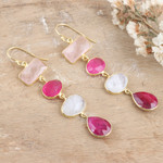 Gold-plated multi-gemstone dangle earrings, 'Pink Era' - Multi-Gemstone Dangle Earrings with 18k Gold Plating