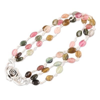Tourmaline strand pendant bracelet, 'Love Rose' - Tourmaline Pendant Bracelet with Sterling Silver Rose