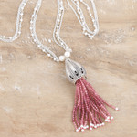 Gemstone and pearl long necklace, 'Rani Mahal' - World Peace Project Symbolic Pendant Necklace from India