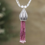 Gemstone and pearl long necklace, 'Rani Mahal' - World Peace Project Symbolic Pendant Necklace from India