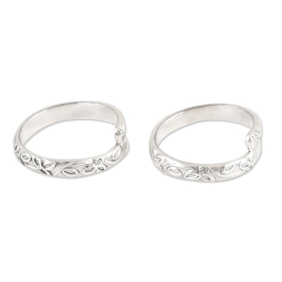 Anillos para dedos de plata de primera ley, (par) - Par de anillos para dedos de plata de ley con estampado floral