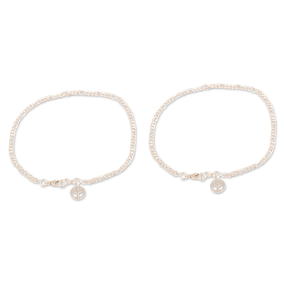Sterling silver anklets, 'Peaceful Nobility' (pair) - Pair of Peace Sterling Silver Anklets from India