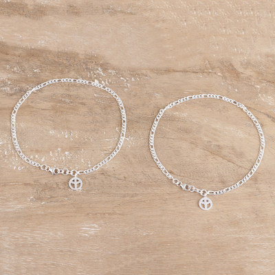 Sterling silver anklets, 'Peaceful Nobility' (pair) - Pair of Peace Sterling Silver Anklets from India
