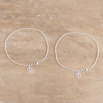 Sterling silver anklets, 'Peace Orbs' (pair) - Pair of Sterling Silver Peace Anklets from India