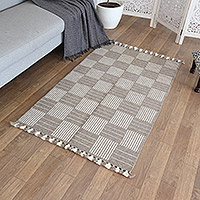 Wool area rug, 'Modern Grey' (3x5) - Indian Wool Area Rug with Checkered Pattern in Grey (3x5)